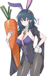 Rule 34 | 1girl, alternate costume, animal ears, black pantyhose, blue hair, breasts, byleth (female) (fire emblem), byleth (fire emblem), carrot, cleavage, cowboy shot, detached sleeves, fake animal ears, fake tail, fire emblem, fire emblem: three houses, gloves, groin, hair between eyes, hand on own hip, hand up, highres, holding, large breasts, leotard, long hair, looking at viewer, nintendo, pantyhose, playboy bunny, purple eyes, rabbit ears, rabbit tail, shimizu akina, simple background, solo, standing, strapless, strapless leotard, tail, thighs, translated, white background, white gloves