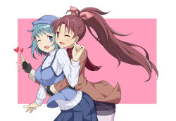 Rule 34 | 2girls, ;d, alternate costume, black gloves, blue eyes, blue hair, blue hat, blue skirt, blush, border, breasts, brown jacket, camisole, casual, commentary, cowboy shot, du mogu, fingerless gloves, gloves, grey shorts, grey sweater, hair ribbon, hand up, hat, heart, hug, hug from behind, jacket, long hair, long sleeves, looking at viewer, mahou shoujo madoka magica, mahou shoujo madoka magica (anime), medium breasts, miki sayaka, multiple girls, one eye closed, open mouth, outside border, pantyhose, pink background, pink ribbon, pleated skirt, ponytail, red eyes, red hair, red scarf, revision, ribbed sweater, ribbon, sakura kyoko, scarf, short hair, short shorts, shorts, simple background, skirt, smile, standing, sweater, very long hair, white border, white legwear, yuri