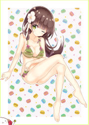 Rule 34 | 1girl, ;), absurdres, bare legs, barefoot, blunt bangs, blush, bow, bow bra, bra, breasts, brown hair, cherry, cleavage, closed mouth, collarbone, commentary request, crossed legs, flower, food, fork, fruit, full body, gochuumon wa usagi desu ka?, green bow, green bra, green eyes, green panties, hair flower, hair ornament, heart, highres, large breasts, long hair, looking at viewer, macaron, nanakusa (user rnpt7322), one eye closed, outline, panties, polka dot, polka dot background, purple bow, sidelocks, smile, solo, star (symbol), stomach, ujimatsu chiya, underwear, underwear only, white outline