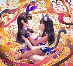 Rule 34 | 2girls, alternate costume, animal ear fluff, animal ears, animal hands, arm around waist, ass, black hair, blue dress, blue footwear, bow, bowtie, breasts, brown eyes, brown hair, cat ears, cat tail, cleavage, dark-skinned female, dark skin, detached collar, dress, expressionless, eye contact, fishnet pantyhose, fishnets, gloves, hairband, halter dress, halterneck, high heels, highres, ijiranaide nagatoro-san, kanchiyo, kemonomimi mode, large breasts, leotard, lips, looking at another, multiple girls, nagatoro hayase, one-piece tan, pantyhose, paw gloves, playboy bunny, pleated dress, purple bow, purple bowtie, purple eyes, purple hairband, purple leotard, rabbit ears, rabbit tail, sitting, sitting on lap, sitting on person, small breasts, straight hair, strapless, strapless leotard, sunomiya sana, tail, tan, tanline, wrist cuffs, yuri