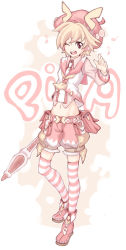 Rule 34 | 1girl, hat, magical girl, musical note, navel, one eye closed, open mouth, original, personification, pixa, solo, staff, striped clothes, striped thighhighs, teeth, thighhighs, tomonaga (pixa7499), wink