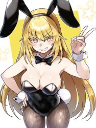 Rule 34 | 1girl, absurdres, animal ears, armpits, bare shoulders, black bow, black bowtie, black hairband, black leotard, black pantyhose, blonde hair, blush, bow, bowtie, breasts, bright pupils, cameltoe, cleavage, collarbone, covered navel, cowboy shot, detached collar, ebora, fake animal ears, fake tail, feet out of frame, fishnet pantyhose, fishnets, grin, hair between eyes, hairband, hand on own hip, hand up, highres, large breasts, leotard, long hair, looking at viewer, mismatched eyebrows, open mouth, orange eyes, pantyhose, playboy bunny, rabbit ears, rabbit tail, shokuhou misaki, sidelocks, simple background, smile, solo, standing, star-shaped pupils, star (symbol), straight hair, symbol-shaped pupils, tail, toaru kagaku no mental out, toaru kagaku no railgun, toaru majutsu no index, tsurime, two-tone background, v, v-shaped eyebrows, very long hair, white background, white pupils, white wrist cuffs, wrist cuffs, yellow background