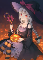 Rule 34 | 104, 10s, 1girl, alternate hairstyle, bow, braid, candy, candy cane, collarbone, detached sleeves, food, frilled sleeves, frills, hair over shoulder, halloween, hat, head tilt, highres, holding, jack-o&#039;-lantern, knees together feet apart, long hair, long sleeves, looking at viewer, orange eyes, pantyhose, parted lips, pink bow, silver hair, sitting, skirt, solo, sophie twilight, striped clothes, striped legwear, striped pantyhose, tonari no kyuuketsuki-san, twin braids, very long hair, witch hat