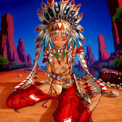 Rule 34 | 1girl, alternate hairstyle, alternate skin color, axe, baraizo, barefoot, dark skin, feathers, fringe trim, fujiwara no mokou, hat feather, headdress, looking at viewer, multicolored feathers, native american, native american headdress, nature, outdoors, red eyes, river, skinny, smile, solo, tan, tattoo, thong, touhou, traditional clothes, warbonnet