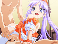 Rule 34 | 00s, 1girl, 2boys, blue eyes, blush, breasts, censored, choker, clothes lift, double penetration, dress, game cg, garter belt, group sex, hiiragi kagami, indoors, long hair, looking back, lucky star, multiple boys, multiple penetration, no bra, penis, purple hair, pussy, pussy juice, raki kosu, ribbon, sex, shirt lift, skirt, thighhighs, twintails, undressing, uniform, white thighhighs