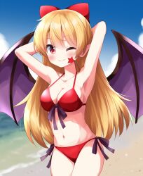 Rule 34 | 1girl, ;), arms behind head, bat wings, beach, bikini, blonde hair, bow, breasts, cleavage, commentary request, cowboy shot, elly (touhou), hair bow, highres, large breasts, long hair, looking at viewer, navel, one eye closed, outdoors, red bikini, red bow, red eyes, ruu (tksymkw), smile, solo, star (symbol), star tattoo, swimsuit, tattoo, touhou, touhou (pc-98), wings