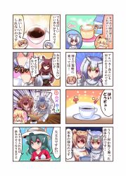 Rule 34 | 10s, 6+girls, alpaca suri (kemono friends), animal ears, antlers, blonde hair, blue eyes, blue hair, blush, brown eyes, brown hair, bucket hat, censored, censored text, comic, cup, drinking, eurasian eagle owl (kemono friends), grey hair, hat, horns, kaban (kemono friends), kemono friends, lion (kemono friends), long hair, looking at another, looking away, milk carton, moose (kemono friends), moose ears, multicolored hair, multiple girls, northern white-faced owl (kemono friends), open mouth, parted lips, plate, shin mai, short hair, speech bubble, teacup, teapot, translation request, tray, two-tone hair, white hair