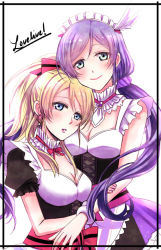 Rule 34 | 2girls, apron, ayase eli, bare arms, blonde hair, blue eyes, blush, bow, breasts, cleavage, copyright name, green eyes, kirishima ria, large breasts, long hair, love live!, love live! school idol project, low twintails, maid, maid headdress, mogyutto &quot;love&quot; de sekkin chuu!, multiple girls, ponytail, puffy short sleeves, puffy sleeves, purple hair, scrunchie, short sleeves, simple background, smile, tojo nozomi, twintails, white background