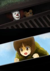 Rule 34 | 10s, 1girl, 2koma, :d, bad id, bad pixiv id, bandaid, boko (girls und panzer), brown eyes, brown hair, cloud, cloudy sky, clown, coat, comic, commentary, day, girls und panzer, highres, it (stephen king), makeup, mt totemo tuyoi, nishizumi miho, open mouth, pennywise, red hair, short hair, sky, smile, storm drain, stuffed animal, stuffed toy, teddy bear, yellow coat