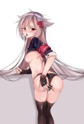 Rule 34 | 1girl, aftersex, alternate hairstyle, anus, armband, ass, asymmetrical gloves, azur lane, back, bar censor, black gloves, black panties, black shirt, black thighhighs, blush, breasts, breasts out, breath, censored, clothes lift, clothing aside, commentary, cowboy shot, cum, cum in pussy, cum on ass, cum on body, cum on clothes, cum on lower body, cumdrip, drooling, fingerless gloves, from behind, gloves, hair between eyes, hair flaps, hair ornament, heavy breathing, highres, long hair, looking at viewer, looking back, medium breasts, montpelier (azur lane), nipples, no bra, no pants, open mouth, panties, panties aside, pussy, saliva, shirt, shirt lift, shokuyou koori, short sleeves, silver hair, simple background, solo, spread pussy, sweat, thigh gap, thighhighs, thighs, tongue, tongue out, underwear, uneven gloves, white background