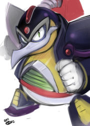 Rule 34 | beak, capcom, chill penguin (mega man), clenched hand, dated, green eyes, looking at viewer, mega man (series), mega man x1, mega man x (series), no humans, non-humanoid robot, robot, sho-n-d, signature, simple background, sketch, solo, standing, white background