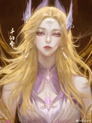 Rule 34 | 1girl, artist request, bare shoulders, blonde hair, blue eyes, circlet, detached sleeves, douluo dalu, earrings, expressionless, hair ornament, highres, jewelry, long hair, looking at viewer, parted lips, qian renxue (douluo dalu), second-party source, solo, teeth, two-tone dress