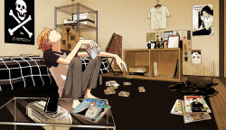 Rule 34 | 00s, 1boy, bed, bedroom, boombox, box, cassette tape, cd case, chain, chair, clothes hanger, denim, flipped hair, folding chair, glass table, hikaru no go, interior, jeans, jolly roger, kyakya, legs folded, looking up, magazine (object), mirror, mitani yuuki, orange hair, pants, plaid blanket, poster (object), raglan sleeves, rug, shirt, short sleeves, sid vicious, sitting, t-shirt, table, tatami, wallet
