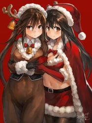 Rule 34 | 2girls, animal costume, antlers, bell, belt, belt buckle, black belt, black gloves, black hair, blush, breasts, brown eyes, brown hair, buckle, cape, chikuma (kancolle), cleavage, closed mouth, cowboy shot, crossed arms, dated, gloves, hair between eyes, hat, horns, kantai collection, large breasts, long hair, multiple girls, navel, red background, red cape, red gloves, red skirt, reindeer antlers, reindeer costume, santa costume, santa hat, signature, skirt, smile, toka (marchlizard), tone (kancolle), twintails