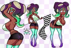 Rule 34 | 1girl, arms up, ass, bare back, big hair, black skirt, blush, boots, breasts, checkered background, checkered flag, dark-skinned female, dark skin, flag, from side, gradient hair, green eyes, green hair, high heel boots, high heels, highres, huge breasts, joeydrawss, leaning forward, looking at viewer, marina (splatoon), miniskirt, mole, mole under mouth, multicolored hair, multiple views, narrow waist, navel piercing, nintendo, octoling, open mouth, piercing, purple background, purple hair, race queen, revealing clothes, sideboob, skirt, smile, splatoon (series), splatoon 2, standing, tentacle hair, thick eyebrows, thigh boots, thighhighs, thighs, two-tone hair, yellow background