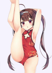 Rule 34 | 1girl, adapted costume, ikazu401, ahoge, armpits, arms up, ass, azur lane, bare arms, blush, brown hair, cleavage cutout, clothing cutout, cowboy shot, hairband, leg up, long hair, looking at viewer, one-piece swimsuit, parted lips, ping hai (azur lane), red eyes, red one-piece swimsuit, solo, standing, standing on one leg, swimsuit, thighs, twintails, very long hair, white background