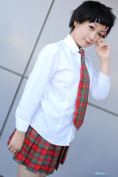 Rule 34 | 1girl, asian, black hair, blouse, blue eyes, color contacts, cosplay, d.gray-man, dutch angle, earrings, hair ornament, hairpin, jewelry, lenalee lee, lenalee lee (cosplay), looking at viewer, necktie, petite, photo (medium), plaid, plaid skirt, pleated skirt, school uniform, shirt, short hair, skirt, solo, stud earrings, takamura mashiro
