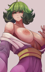 Rule 34 | 1girl, absurdres, breasts, clothes, female focus, green eyes, green hair, highres, lixiart, looking at viewer, medium breasts, medium hair, nipples, one-punch man, open clothes, simple background, solo, tatsumaki