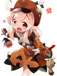 Rule 34 | 1girl, :d, ahoge, alternate color, blush, brown gloves, brown hat, cabbie hat, commentary request, dress, feathers, genshin impact, gloves, hair between eyes, hat, hat feather, highres, klee (genshin impact), light brown hair, long hair, long sleeves, looking at viewer, low twintails, makuran, open mouth, orange dress, pointy ears, red eyes, simple background, smile, solo, twintails, white background, white feathers