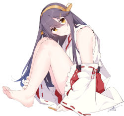 Rule 34 | 1girl, bare shoulders, barefoot, black hair, blush, detached sleeves, fingernails, hair between eyes, hairband, haruna (kancolle), headgear, highres, ieufg, japanese clothes, jewelry, kantai collection, long hair, nontraditional miko, pleated skirt, red skirt, ribbon-trimmed sleeves, ribbon trim, ring, signature, simple background, skirt, smile, solo, toenails, wedding band, white background, wide sleeves, yellow eyes