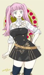 Rule 34 | 1girl, 2019, belt, breasts, cowboy shot, dated, female focus, fire emblem, fire emblem: three houses, garreg mach monastery uniform, hand on own hip, hilda valentine goneril, large breasts, long hair, matching hair/eyes, miisa, nintendo, open mouth, pink eyes, pink hair, signature, smile, solo, standing, thighhighs, thighs, twintails, uniform, zettai ryouiki