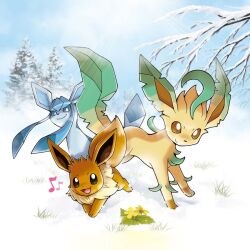 Rule 34 | animal focus, blue eyes, blue hair, brown eyes, closed mouth, creatures (company), eevee, flower, game freak, gen 1 pokemon, gen 4 pokemon, glaceon, grass, leafeon, musical note, nintendo, official art, open mouth, pokemon, pokemon (creature), sidelocks, smile, snow
