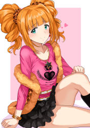 Rule 34 | 1girl, animal print, aqua eyes, belt, black socks, blouse, blush, bracelet, breasts, chain necklace, closed mouth, collarbone, earrings, highres, idolmaster, idolmaster (classic), jewelry, kneehighs, looking at viewer, medium breasts, nail polish, necklace, orange hair, pink background, pink shirt, scrunchie, shirt, sitting, smile, socks, solo, star (symbol), star earrings, star necklace, takatsuki yayoi, thighs, tsurui, twintails