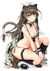 Rule 34 | 1girl, :q, animal ears, bare arms, bare shoulders, bikini, black bikini, black choker, black socks, blush, boots, bow, breasts, brown footwear, brown hair, camouflage, camouflage jacket, cat ears, cat girl, cat tail, choker, cleavage, collarbone, explosive, frilled bikini, frills, full body, green eyes, grenade, highres, jacket, unworn jacket, knee up, kneehighs, licking lips, long hair, long sleeves, looking at viewer, maid, maid bikini, maid headdress, medium breasts, mo:oku, navel, one side up, original, shadow, simple background, skindentation, slit pupils, smile, socks, solo, squatting, stomach, swimsuit, tag, tail, thigh strap, thighs, tongue, tongue out, twitter username, unconventional maid, white background, wristband