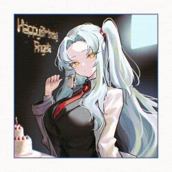 Rule 34 | 1girl, angela (project moon), birthday cake, black shirt, black vest, blue hair, breasts, cake, closed mouth, coat, collared shirt, food, fork, glowing, glowing eyes, highres, holding, holding fork, lab coat, large breasts, lobotomy corporation, long hair, long sleeves, looking at viewer, one side up, parted bangs, project moon, shirt, sidelocks, solo, very long hair, vest, white coat, wing collar, y0ru73, yellow eyes