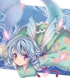 Rule 34 | 1girl, asa (coco), bad id, bad pixiv id, blue hair, breasts, curly hair, fins, floral print, head fins, japanese clothes, kimono, looking at viewer, medium breasts, mermaid, monster girl, obi, outstretched arms, petals, red eyes, sash, short hair, solo, swimming, tassel, touhou, underwater, wakasagihime