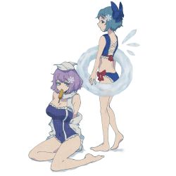 Rule 34 | 2girls, alternate costume, barefoot, bikini, blue bikini, blue eyes, blue hair, blue ribbon, blue one-piece swimsuit, bow, candy, cirno, detached sleeves, fairy wings, food, frilled bikini, frills, hair bow, hair ornament, highres, ice, ice wings, inflatable toy, letty whiterock, lollipop, multiple girls, aged up, one-piece swimsuit, purple hair, purple one-piece swimsuit, red bow, red ribbon, ribbon, scarf, snowflake hair ornament, sokura (mochichitose), swimsuit, touhou, wings