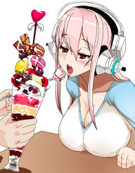Rule 34 | 1girl, breasts, cleavage, food, headphones, ice cream, large breasts, long hair, miyamoto issa, nitroplus, open mouth, pink eyes, pink hair, sexually suggestive, simple background, solo, super sonico