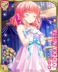 Rule 34 | 1girl, blue bow, bouquet, bow, character name, closed mouth, closed eyes, flower, food, girlfriend (kari), gloves, hand on chest, indoors, nitta moeka, official art, pink bow, pink hair, purple eyes, qp:flapper, ribbon, short hair, smile, solo, table, tagme