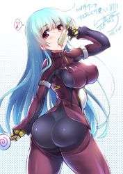 Rule 34 | 1girl, ass, backless pants, bad anatomy, blue hair, breasts, c.r., candy, food, from behind, gloves, impossible clothes, jacket, kula diamond, large breasts, lollipop, long hair, looking at viewer, looking back, pants, popsicle, red eyes, sexually suggestive, skin tight, solo, the king of fighters, the king of fighters xiv, thick thighs, thighhighs, thighs