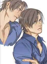 Rule 34 | 1boy, blonde hair, blue shirt, brown hair, closed mouth, earrings, facial hair, highres, jewelry, large pectorals, leon s. kennedy, male focus, muscular, non-web source, pectorals, resident evil, shirt, stubble, tatsumi (psmhbpiuczn)