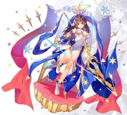 Rule 34 | 1girl, arch, bare shoulders, blue eyes, boots, bracelet, breasts, brown hair, carpet, crown, curtains, dress, flag, gold, hall, halo, handkerchief, holding, holding weapon, inner sideboob, jewelry, kibanda gohan, large breasts, looking at viewer, one leg raised, original, platform, polearm, rock, shoulder pads, silk, smile, spear, stairs, star (symbol), weapon, white dress