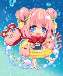 Rule 34 | 1girl, bear head, bear paws, blonde hair, blue eyes, blush, capelet, chestnut mouth, chibi, commentary request, coral, double bun, hair between eyes, hair bun, innertube, looking at viewer, mascot head, multicolored hair, open mouth, original, pink hair, ringo sui, school swimsuit, shell, short hair, solo, star (symbol), starry background, swim ring, swimsuit, two-tone hair, v-shaped eyebrows, virtual youtuber, water