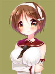 Rule 34 | 10s, 1girl, bare shoulders, blush, braid, breasts, brown eyes, brown hair, detached sleeves, green background, hair ribbon, hairband, kantai collection, large breasts, long sleeves, looking at viewer, minami (apricot tea), natori (kancolle), ribbon, sailor collar, short hair, simple background, smile, solo, upper body