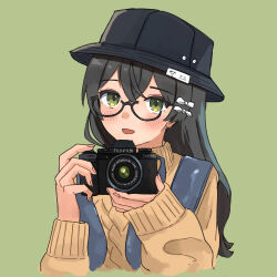 Rule 34 | 1girl, alternate costume, alternate hairstyle, aran sweater, black hair, black hat, blue vest, blush, bow, brown sweater, bucket hat, cable knit, camera, cevio, commentary, cropped torso, crossed bangs, fujifilm, glasses, green background, green eyes, hair bow, hanakuma chifuyu, hat, highres, holding, holding camera, long hair, multiple hair bows, open mouth, shiyomifu, simple background, sleeves past wrists, smile, solo, sweater, synthesizer v, turtleneck, turtleneck sweater, two-handed, upper body, vest, white bow