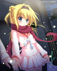 Rule 34 | 1boy, 1girl, 2014, :o, against wall, bag, blonde hair, blue eyes, blush, chitose sana, cowboy shot, dress, fringe trim, groceries, grocery bag, headband, highres, hisagiyuu, light particles, long hair, long sleeves, looking at viewer, night, outdoors, parted lips, plastic bag, pleated dress, pole, red scarf, scarf, school uniform, shopping bag, short dress, snow, snowing, solo focus, spring onion, tenshinranman