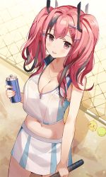 Rule 34 | 1girl, animal, azur lane, bad id, bad pixiv id, bare arms, bare shoulders, bird, bottle, breasts, bremerton (azur lane), bremerton (scorching-hot training) (azur lane), chain-link fence, chick, cleavage, cowboy shot, crop top, crop top overhang, fence, hair ornament, hairclip, holding, jewelry, large breasts, long hair, looking at viewer, manjuu (azur lane), midriff, miniskirt, multicolored hair, navel, necklace, open mouth, pink eyes, pleated skirt, red hair, shadow, shaffelli, shirt, skirt, sleeveless, sleeveless shirt, smile, solo, standing, stomach, twintails, two-tone hair, white shirt, white skirt