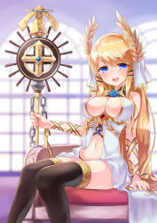 Rule 34 | 1girl, azur lane, bare shoulders, bell, black panties, black thighhighs, blonde hair, blue eyes, blurry, blurry background, blush, breasts, chain, cleavage, commentary, dress, eyelashes, fingernails, flower ornament, hair ornament, hair spread out, highres, holding, holding staff, indoors, large breasts, laurel crown, long hair, looking at viewer, navel, osisio, panties, ribbon, sitting, sleeveless, sleeveless dress, solo, staff, thighhighs, underwear, veil, very long hair, victorious (azur lane), window, wrist ribbon