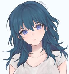 Rule 34 | 1girl, artist name, blouse, blue eyes, blue hair, byleth (female) (fire emblem), byleth (fire emblem), commentary, fire emblem, fire emblem: three houses, highres, light smile, long hair, looking at viewer, nintendo, portrait, see-through, see-through shirt, shimizu akina, shirt, simple background, smile, solo, twitter username, white background, white shirt