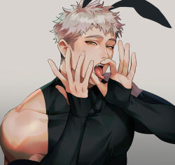 Rule 34 | 1boy, animal ears, bara, black tank top, chengzhineixihuanxiaogou, detached sleeves, fellatio, grey background, grey hair, highres, large pectorals, looking at viewer, male focus, male playboy bunny, muscular, muscular male, open mouth, oral, original, pectorals, piercing, rabbit boy, rabbit ears, sexually suggestive, short hair, simple background, simulated fellatio, solo, tank top, tongue, tongue out, tongue piercing