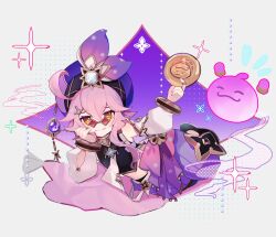 Rule 34 | 1girl, :3, black shirt, bow, bracelet, closed mouth, coin, detached sleeves, dori (genshin impact), genshin impact, gold trim, gradient bow, grey background, hair ornament, highres, holding, holding coin, jewelry, jinni (genshin impact), long sleeves, lying, merry-san, necklace, necktie, on side, pants, pillow, pink bow, pink hair, purple bow, purple pants, shirt, short hair with long locks, simple background, sitting, solo, sparkle, vision (genshin impact), waist bow, white necktie, white sleeves, yellow eyes