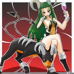 Rule 34 | 1990s (style), 1girl, alcohol, bare shoulders, breasts, costume, creatures (company), crossed legs, cup, demon tail, drinking glass, fangs, game freak, gen 2 pokemon, green hair, head rest, horns, houndoom, long hair, lowres, moemon, nintendo, personification, pokemon, pokemon (creature), pokemon gsc, red eyes, retro artstyle, sitting, tail, tenjou ryuka, wine, wine glass