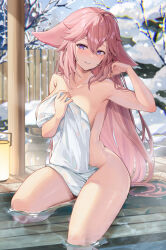 Rule 34 | 1girl, absurdres, adjusting hair, animal ears, breasts, collarbone, commentary request, covering privates, floppy ears, fox ears, genshin impact, hair between eyes, highres, large breasts, long hair, looking at viewer, naked towel, nude cover, onsen, outdoors, parted lips, partially submerged, pi tayuko, pink hair, purple eyes, smile, snow, snowing, solo, squatting, towel, yae miko