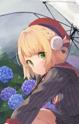 Rule 34 | 1girl, beret, black shirt, black skirt, blonde hair, blunt bangs, blush, braid, buttons, closed mouth, commentary request, flower, green eyes, hair ornament, hat, holding, holding umbrella, hydrangea, indie virtual youtuber, kneeling, long sleeves, looking at viewer, looking to the side, medium hair, purple flower, red hat, red sailor collar, sailor collar, shigure ui (vtuber), shigure ui (vtuber) (1st costume), shirt, sidelocks, skirt, solo, taker (flamestorm), umbrella, virtual youtuber, white umbrella