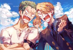 Rule 34 | 1girl, 2boys, angry, artist name, black necktie, black suit, blonde hair, blue sky, closed eyes, cloud, collarbone, commentary request, crossed arms, curly eyebrows, formal, girikashi43, green hair, highres, male focus, multiple boys, nami (one piece), necktie, no pupils, one piece, open mouth, roronoa zoro, sanji (one piece), sharp teeth, shirt, short hair, sky, smile, suit, teeth, twitter username, white shirt