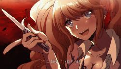 Rule 34 | 1girl, :d, blue eyes, blush, breasts, collarbone, commentary, criis-chan, danganronpa: trigger happy havoc, danganronpa (series), derivative work, enoshima junko, head tilt, holding, holding knife, knife, long hair, looking at viewer, medium breasts, nail polish, open mouth, portrait, red nails, screenshot redraw, shirt, smile, solo, teeth, twintails, twitter username, upper teeth only, white shirt